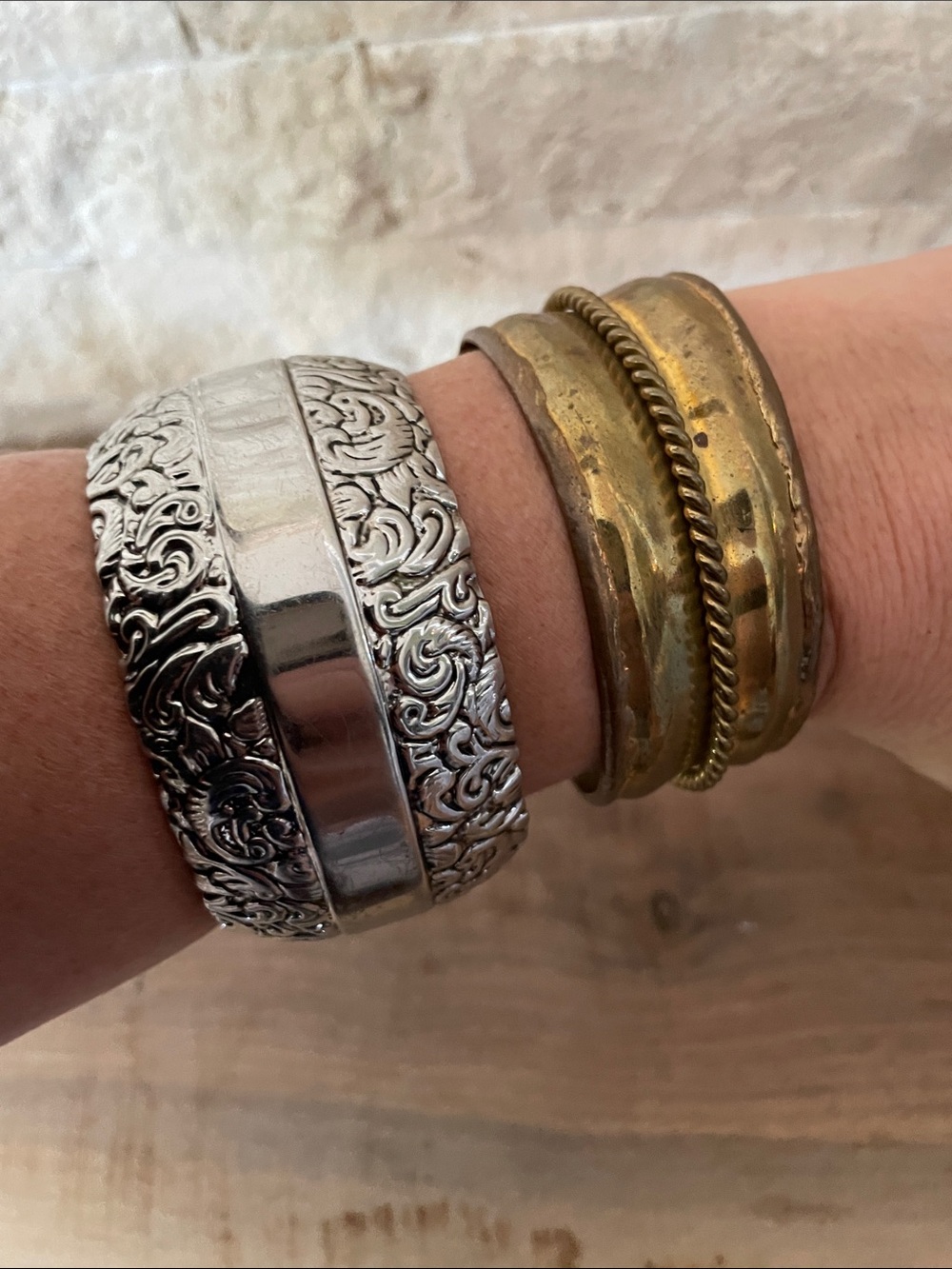 Silver and Brass Bangle Set - Picture 2 of 6